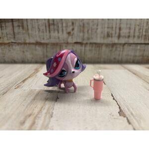 Littlest Pet Shop LPS Purple Zoe Puppy Dog and Water Bottle EUC